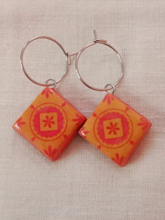 Mediterranean Tiles Inspired Clay Dangler Earrings with Anti-Tarnish Stainless Steel hoops