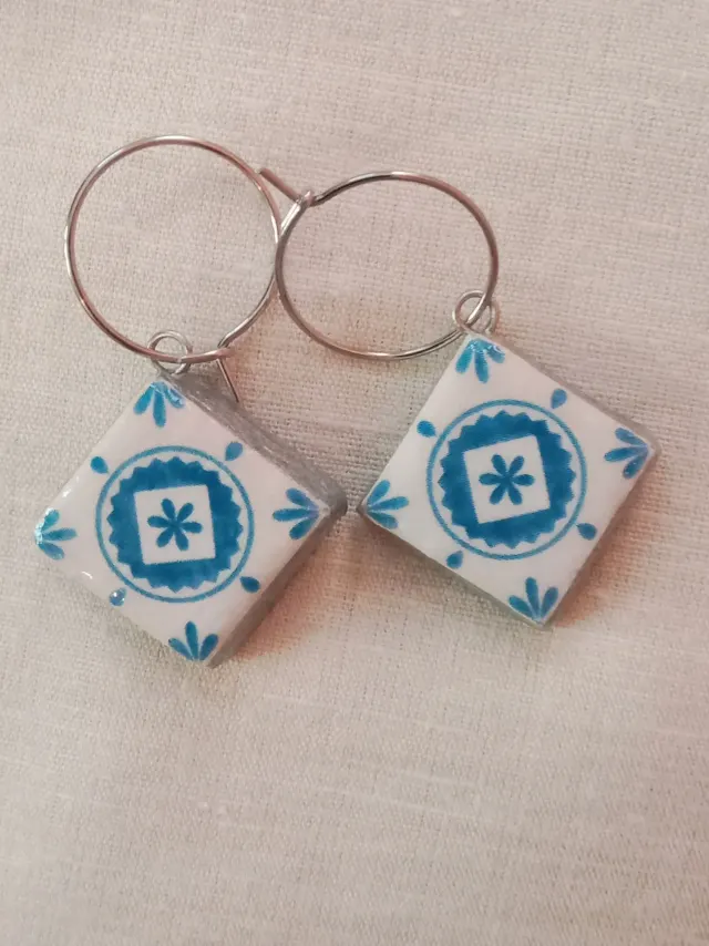 Mediterranean Tiles Inspired Clay Dangler Earrings (blue) with Anti-Tarnish Stainless Steel hoops