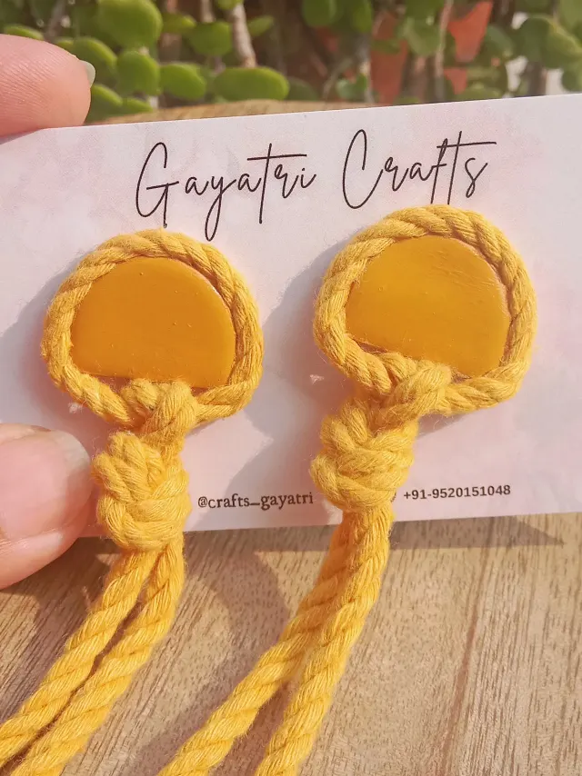 Mustard Macrame Fringe Earrings - Small Semicircle Clay Studs - With Stainless Steel Backing