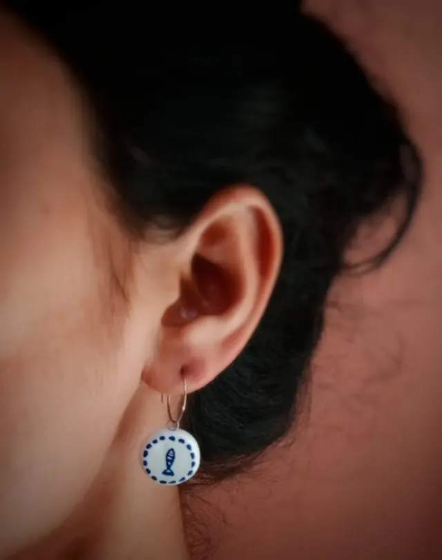 Minimalist Boho Mediterranean Clay Dangler Earrings - Blue and White - Hand-Painted - Anti-Tarnish Stainless Steel hoops