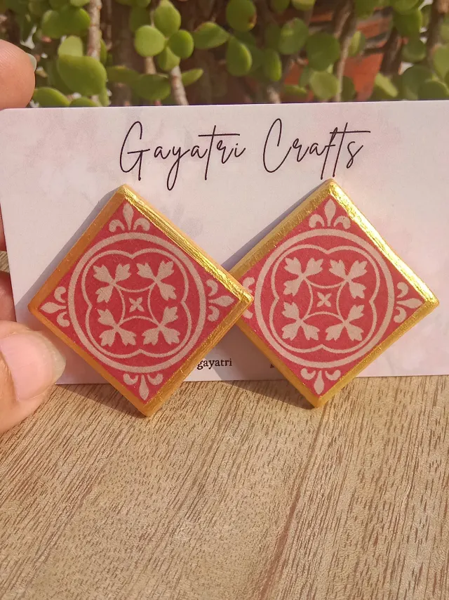 Minimalist Clay Studs With Red and White Vintage Pattern and Gold Borders