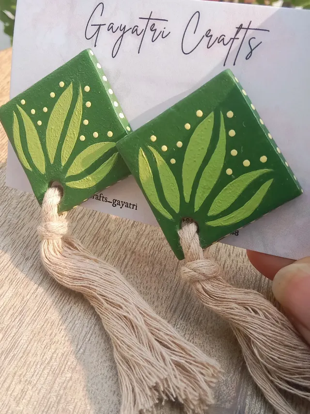 Minimalist Clay Studs With A Hand Painted Boho Design In Beautiful Green And A Macrame Twist
