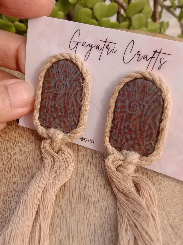 Minimalist Clay Studs With A Vintage Tribal Boho Pattern And A Macrame Twist