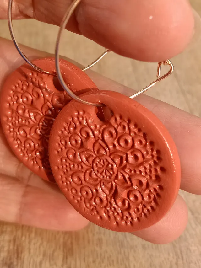 Minimalist Clay Drop Dangling Earrings With An Engraved Mandala Pattern And Hoops In Rose Gold Shade