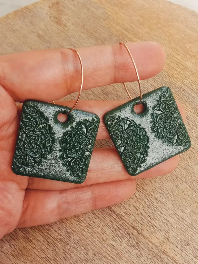 Minimalist Clay Green Drop Dangling Earrings With Engraved Mandala Pattern And Hoops In Rose Gold Shade