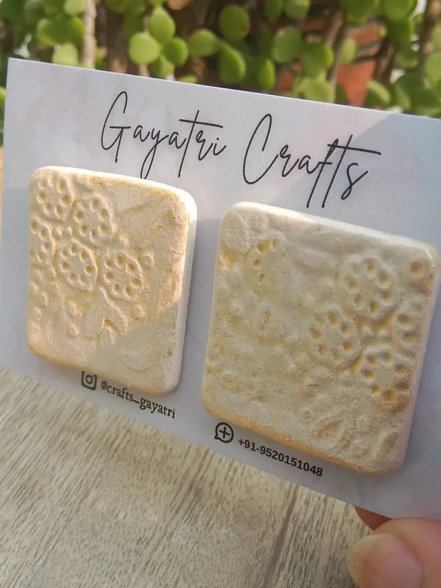Big Square Clay Studs With An Engraved Boho Pattern And A Golden Shimmering Touch