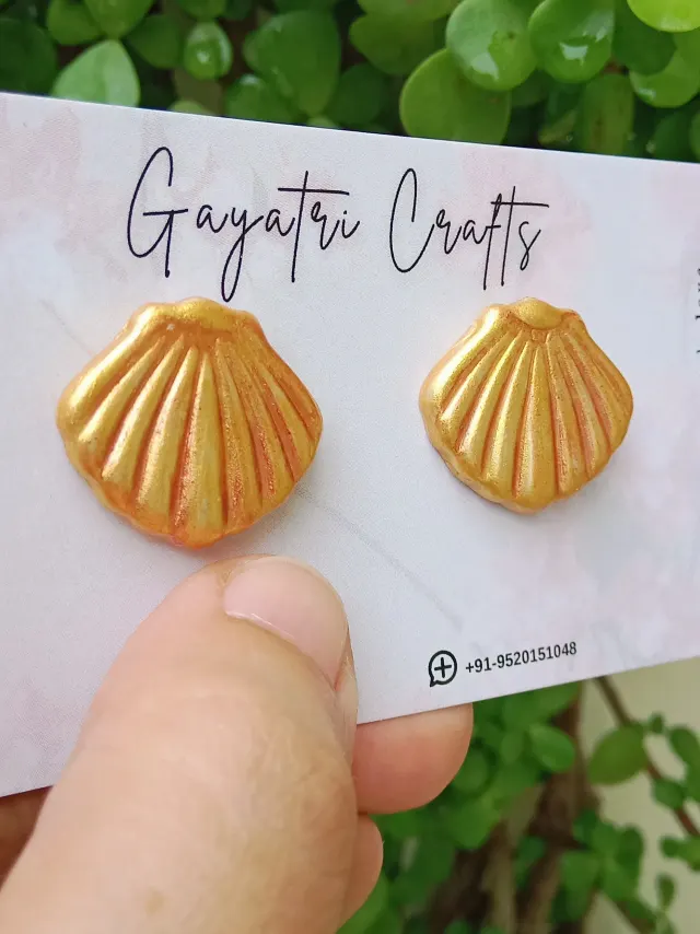 Handmade Golden Seashell Clay Stud Earrings | Lightweight Metallic Gold Ocean-Themed Jewelry with Stainless Steel Backings