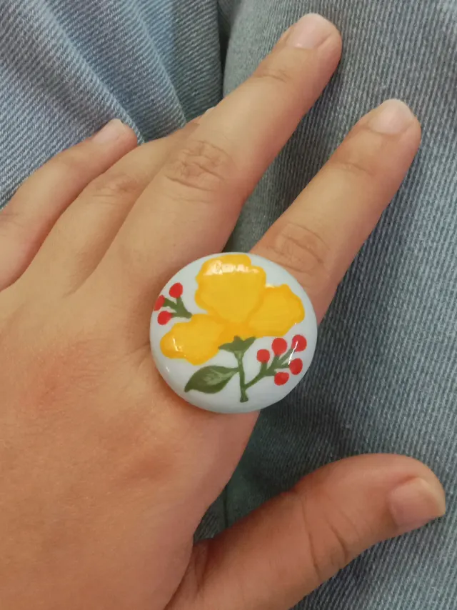 Handmade Boho Blue & Yellow Floral Clay Statement Ring — Hand-Painted Traditional-Modern Chunky Round Band Ring
