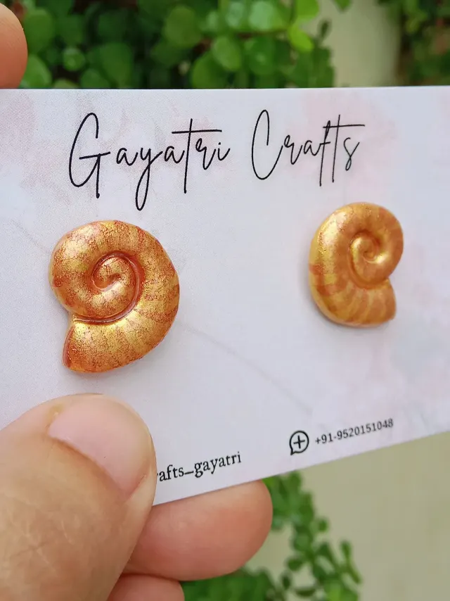 Handmade Golden Stud Earrings – Spiral Shell Clay Studs, Lightweight Tarnish-Free Everyday Jewellery | Studio Gayatri
