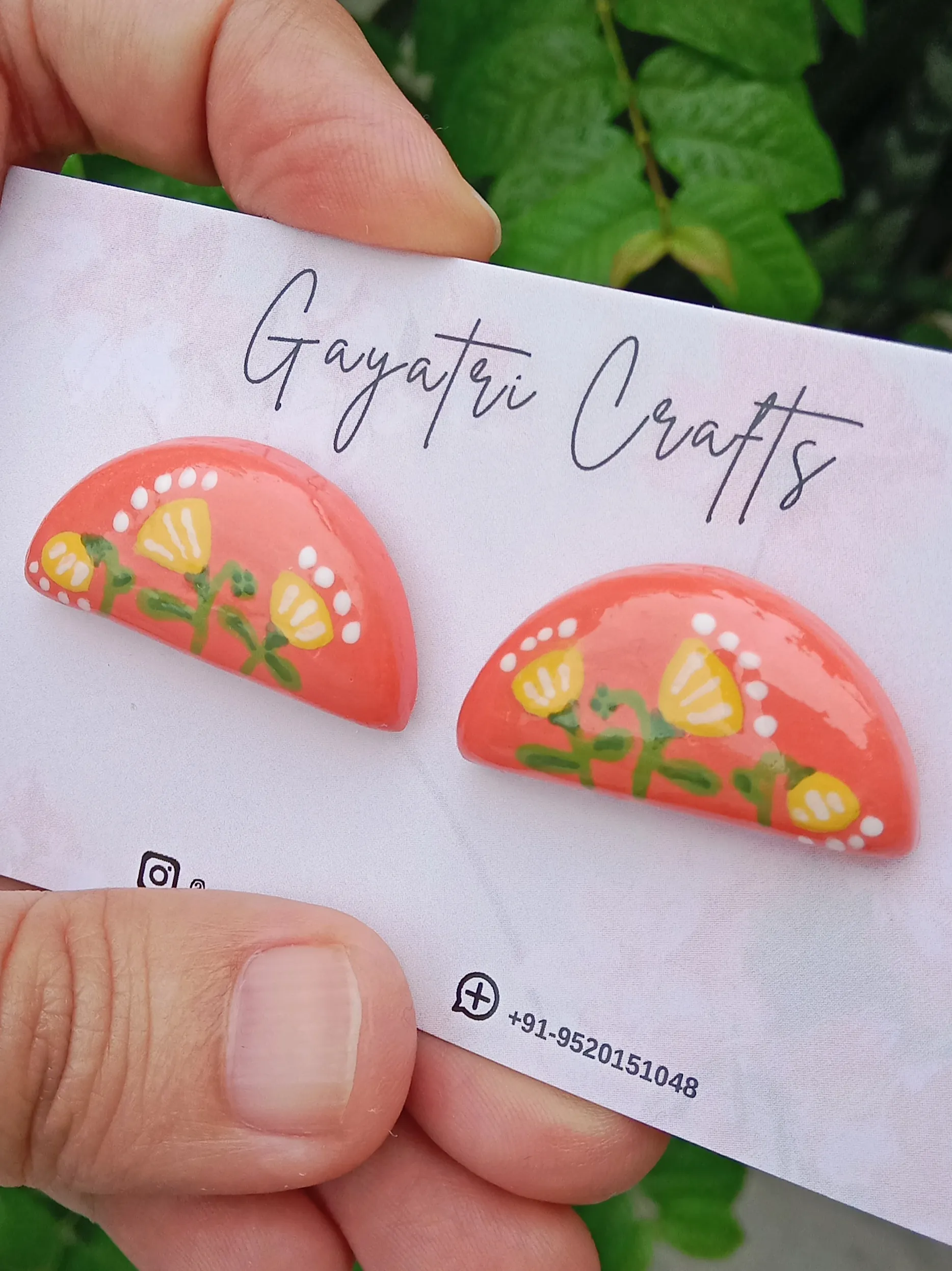 Handmade Clay Semicircle Stud Earrings | Boho Pink & Orange Hand-Painted Floral Design | Lightweight Stainless Steel Jewelry