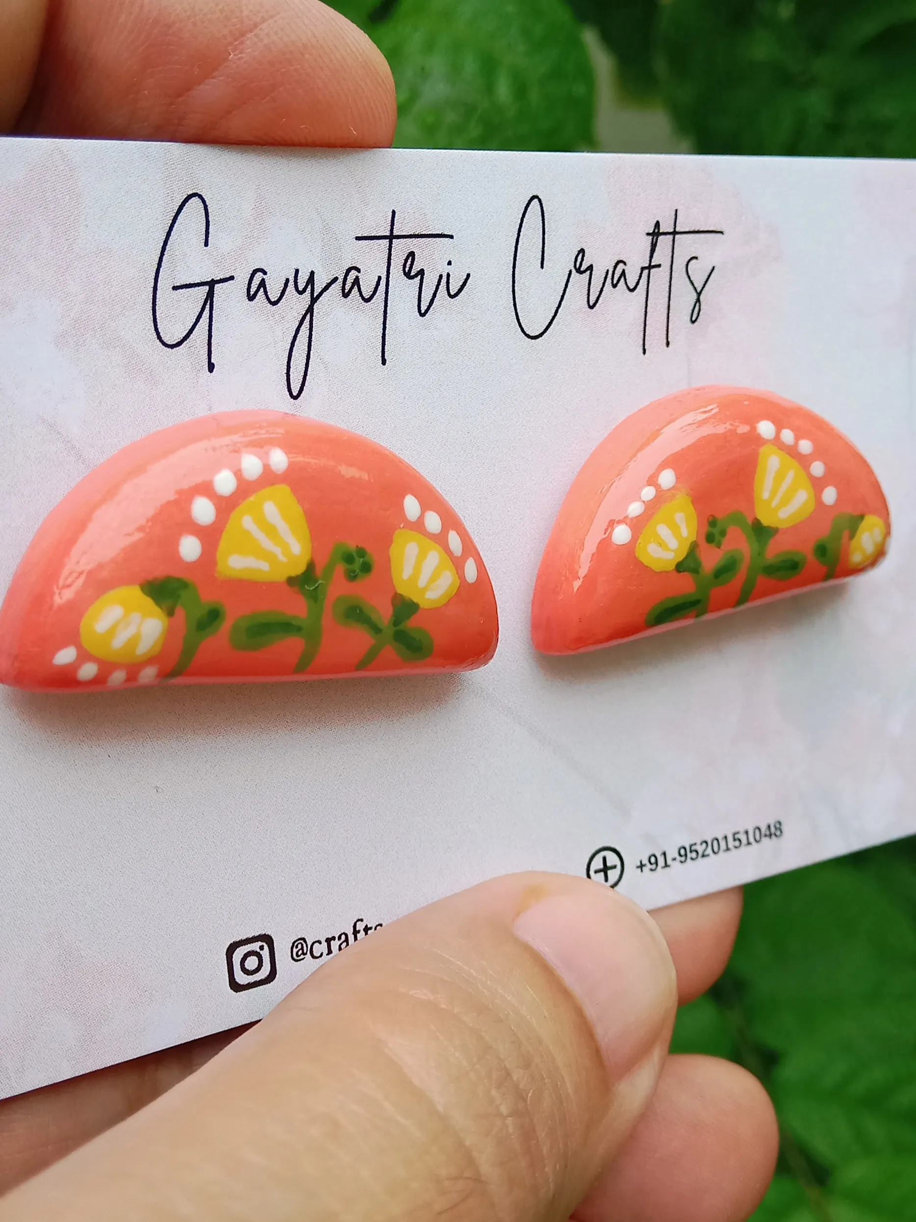 Handmade Clay Semicircle Stud Earrings | Boho Pink & Orange Hand-Painted Floral Design | Lightweight Stainless Steel Jewelry