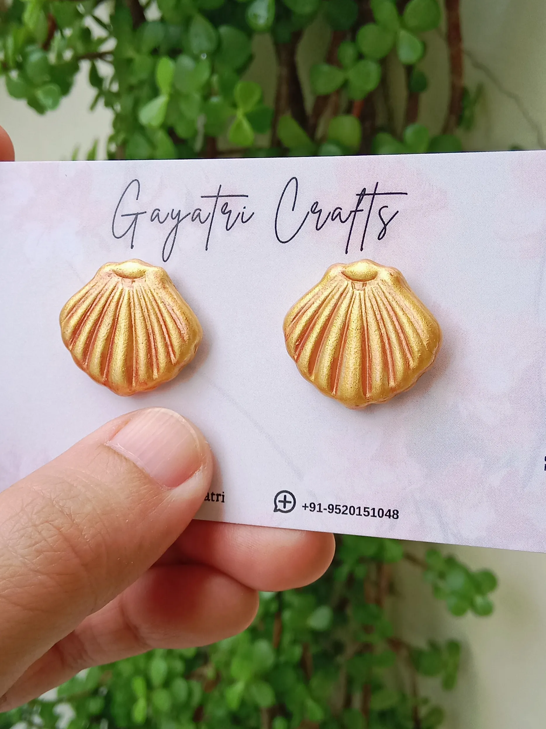 Handmade Golden Seashell Clay Stud Earrings | Lightweight Metallic Gold Ocean-Themed Jewelry with Stainless Steel Backings
