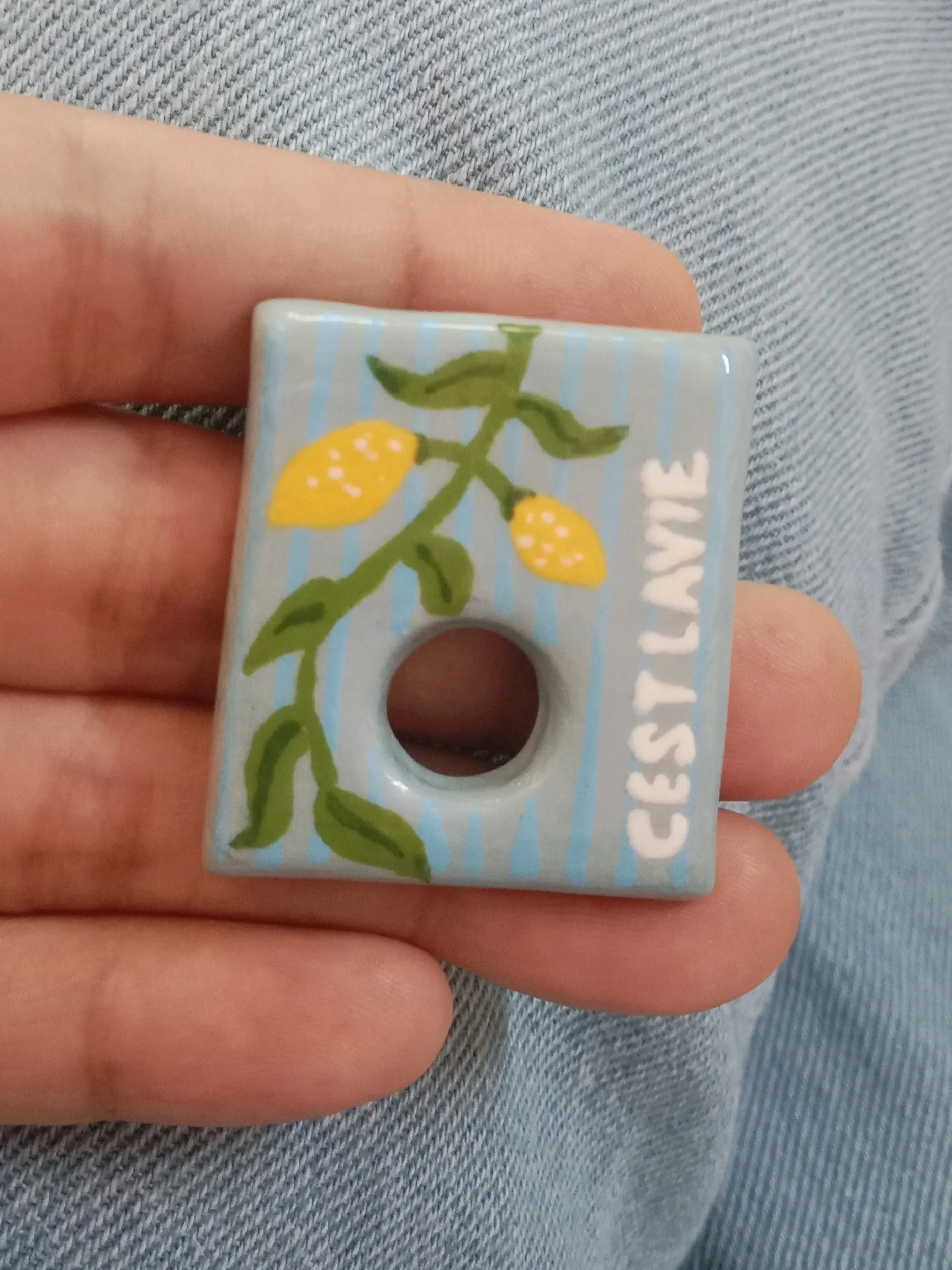 Handmade Blue & Yellow Lemon Branch Clay Sun Glasses Holder Brooch — Hand-Painted C'est La Vie Botanical Eyeglass Holder Brooch For Denims, Tote bags, Hand bags and Shirts