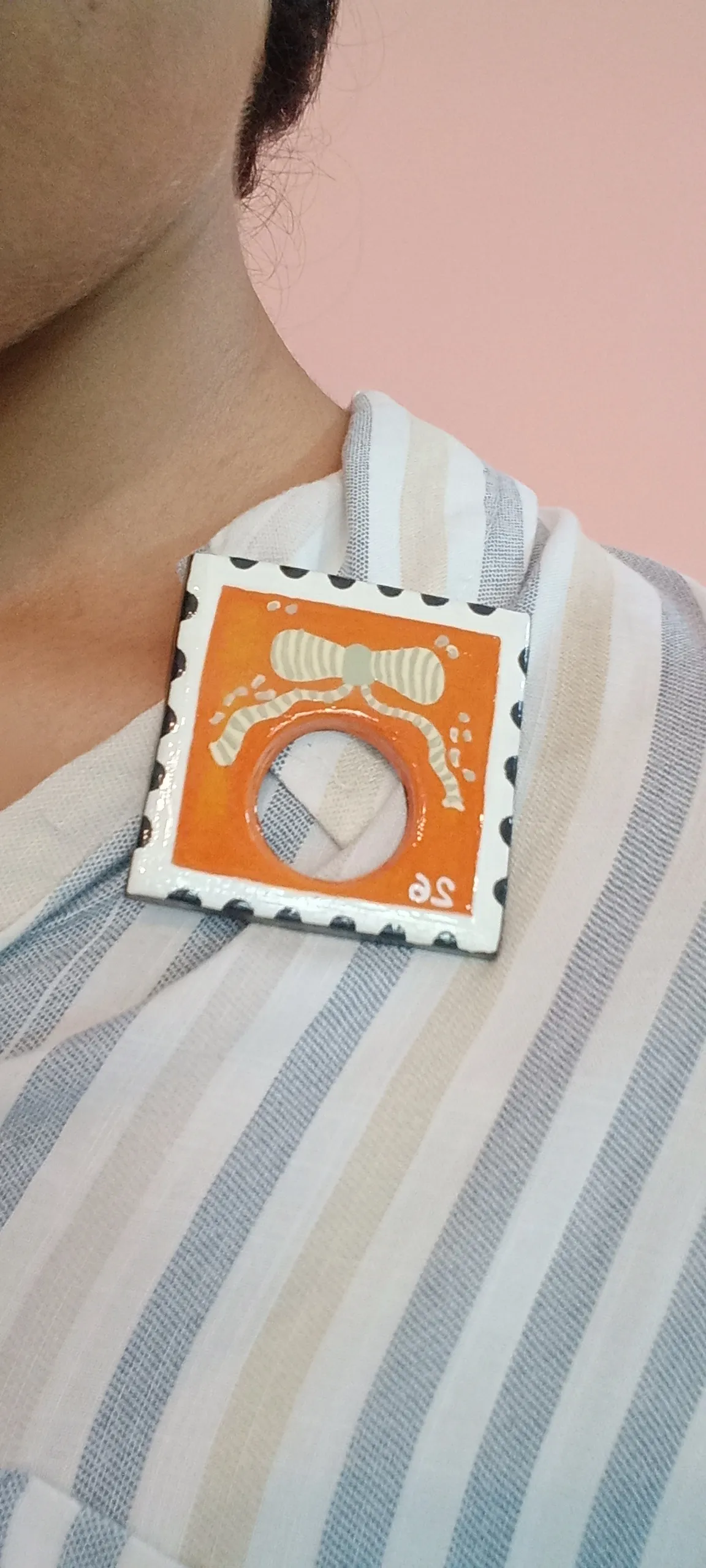 Handmade Bright Boho Orange Postage Stamp Clay Sunglasses Glasses Holder Brooch — Hand-Painted Bow Statement Reading Glasses Holder Brooch For Denims, Tote bags, Hand bags and Shirts