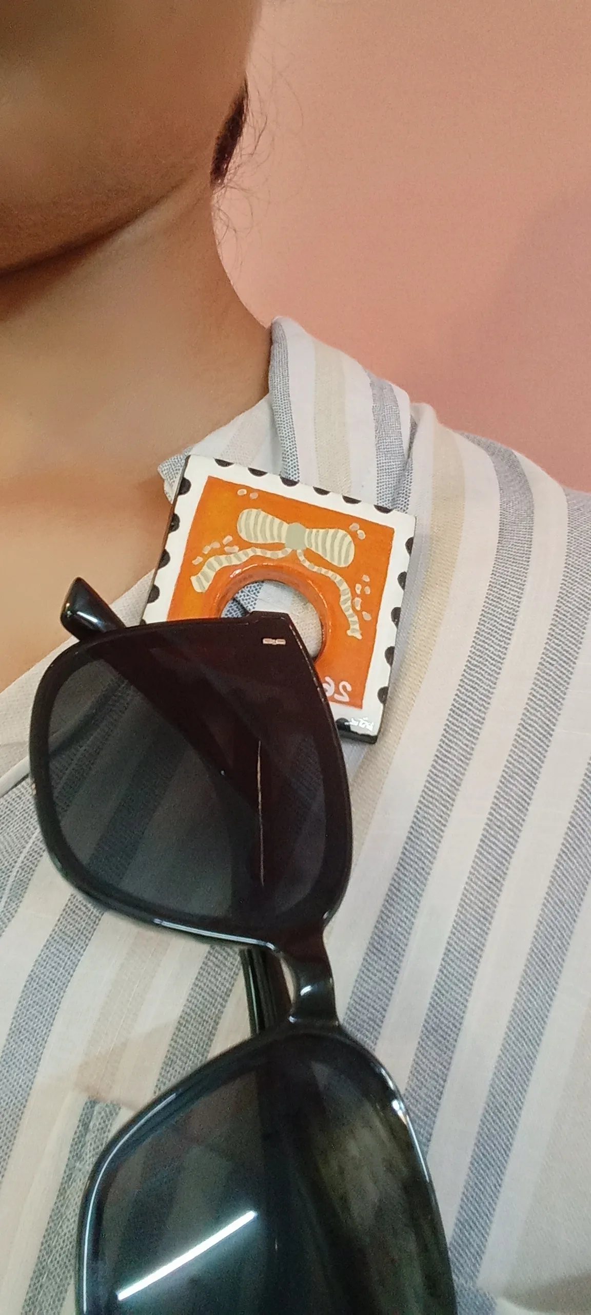 Handmade Bright Boho Orange Postage Stamp Clay Sunglasses Glasses Holder Brooch — Hand-Painted Bow Statement Reading Glasses Holder Brooch For Denims, Tote bags, Hand bags and Shirts