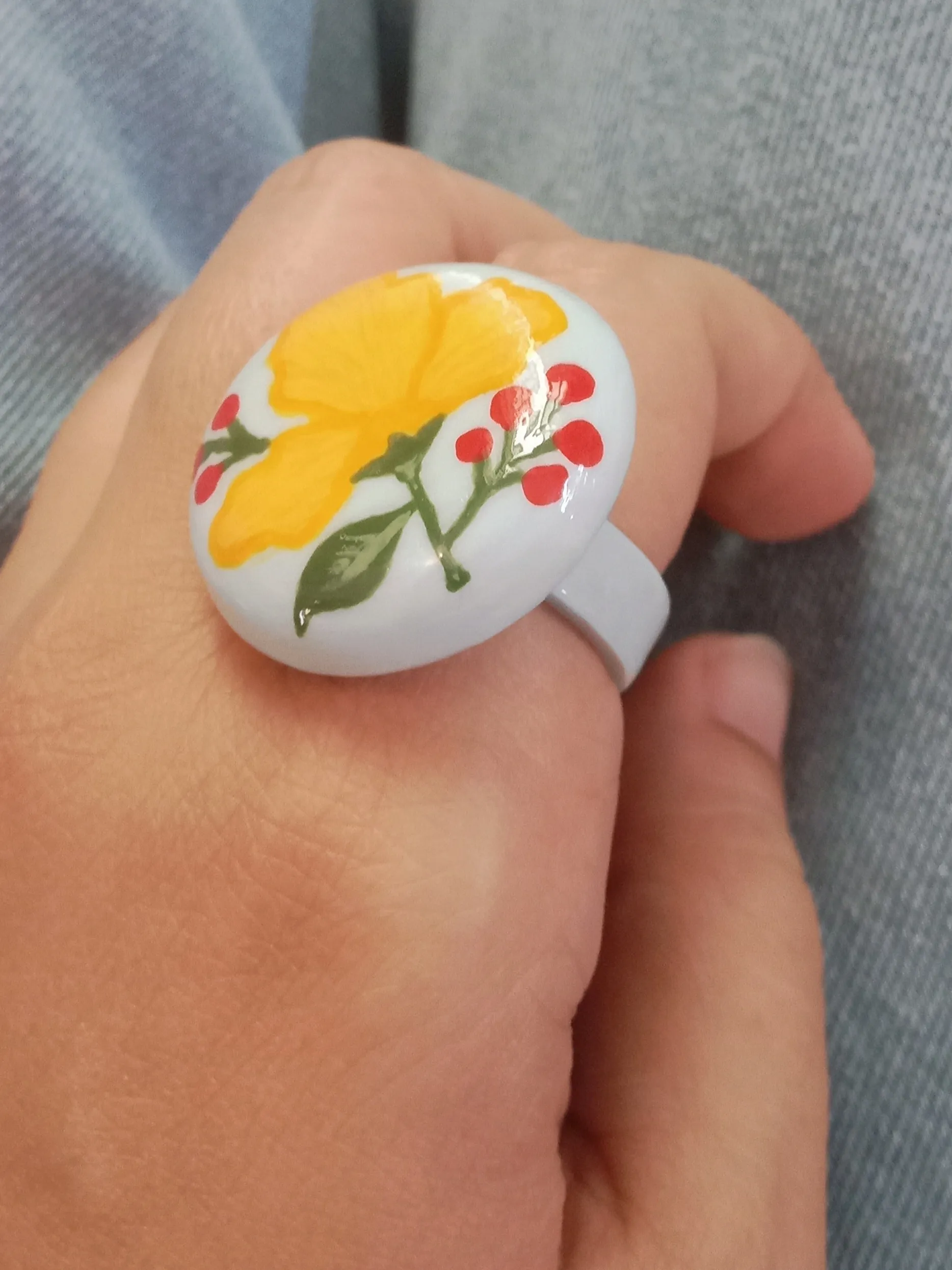 Handmade Boho Blue & Yellow Floral Clay Statement Ring — Hand-Painted Traditional-Modern Chunky Round Band Ring