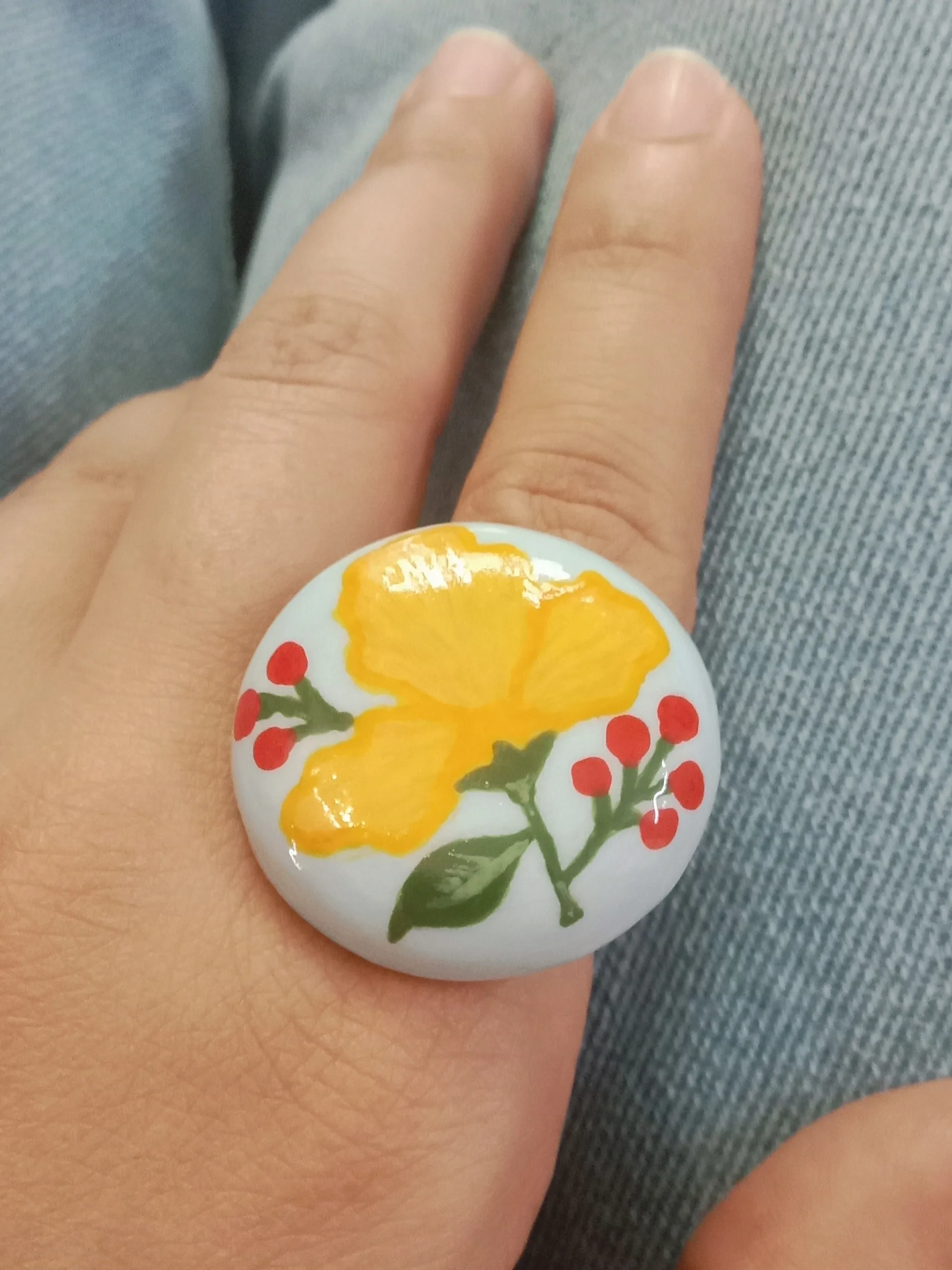Handmade Boho Blue & Yellow Floral Clay Statement Ring — Hand-Painted Traditional-Modern Chunky Round Band Ring