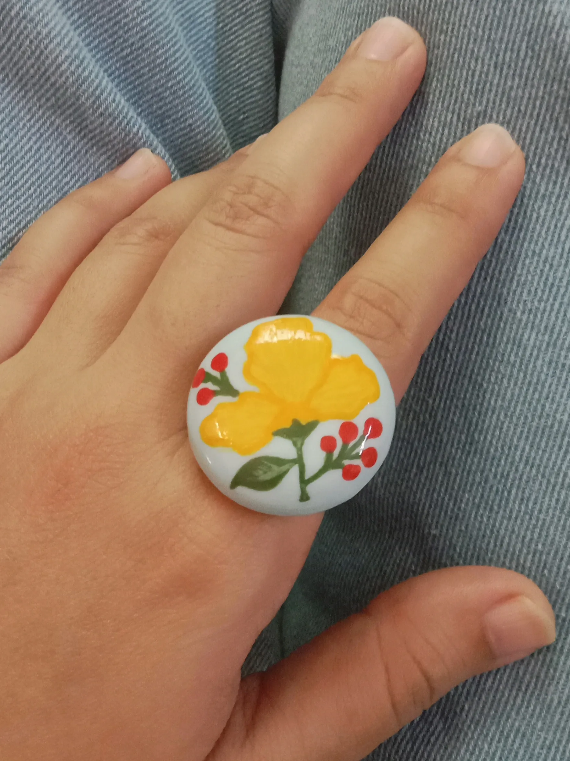 Handmade Boho Blue & Yellow Floral Clay Statement Ring — Hand-Painted Traditional-Modern Chunky Round Band Ring